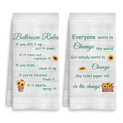 Funny Bathroom Rules Decorative Hand Towels Set of 2, Rustic Farmhouse Hand Towels for Bathroom Decor, 16x24 Inch(Sunflower Style) - color: Sunflower Style