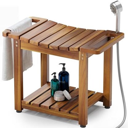 Bluewest 23.4 Inch Shower Bench with Storage Shelf, Natural Wood and Handle | Waterproof Bathroom Spa Bench for Sitting Inside the Shower and Shaving Legs, with a Built-In Handle and Shower Head Holder. - size: 2 Tier - Natural
