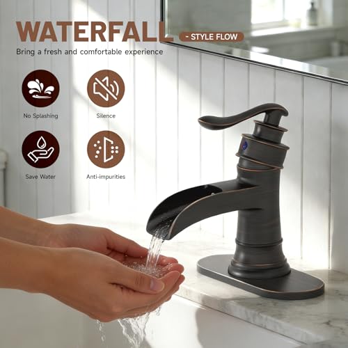 Oil Rubbed Bronze Waterfall Bathroom Faucet Single Handle One Hole | with Pop Up Drain & Supply Lines,Lead-Free Solid Brass,Farmhouse Faucet for Sink 1-3 Hole,Deck Mount,by Bathfinesse - color: A-Oil-Rubbed Bronze