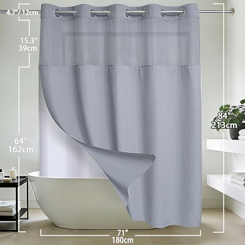 Conbo Mio Extra Long No Hook Waffle Weave Shower Curtain with Snap in Liner Set, Hotel Luxury Grey Shower Curtains for Bathroom with See Through Top Window, Waterproof, Washable 71W x 84H - color: Waffle-grey, size: 71"W x 84"L (Pack of 1)