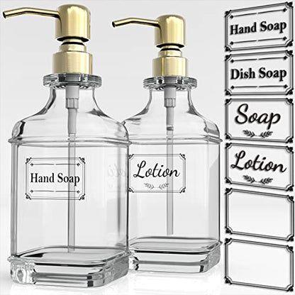GLADPURE Soap Dispenser - 2 Pack, 18 Oz Antique Design Thick Glass Hand Soap Dispensers; with 304 Rust Proof Stainless Steel Pump, 6Pcs Clear Stickers, for Kitchen, Bathroom - Gold - color: Gold