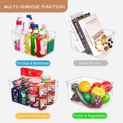 6 Pack Large Clear Plastic Storage Bins, Kitchen &Pantry Organizer | Heavy-duty 450g BPA-free PETG containers with handles for fridge, under-sink, bathroom, office, closet, and garage storage - size: 6 Large & 0 Small