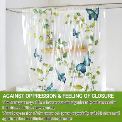 Clear Green Vine Blue Butterfly Shower Curtain Liner, Plastic Transparent Green Plant Shower Curtains for Bathroom, 72x72 Weighted Magnetic Shower Curtain Set with 12 Hooks - color: Clear Leaves Blue Butterfly, size: 72"W x 72"L (Pack of 1)