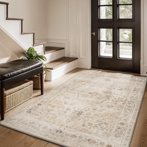 AMOAMI-3X5 Area Rug-Soft Washable Vintage Throw Accent Rugs for Living Room, Entryway, Bedroom, Kitchen, Bathroom, Laundry Room, Kitchen, Bathroom, Bedside, No Slip Beige - color: Beige, size: 3' x 5' (Rectangular)