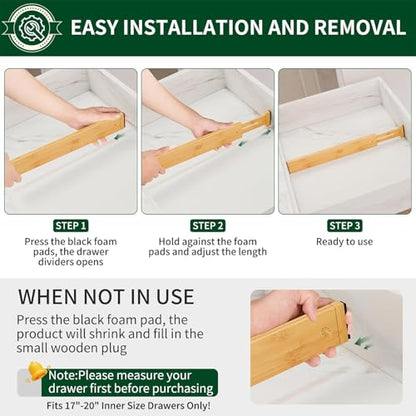 Dunruz Bamboo Drawer Dividers 2.6" High,17"-20" Adjustable Spring Loaded Clothes Drawer Organizers for Kitchen, Dresser, Bathroom, Bedroom and Office - size: 4 Pack 17-20"L