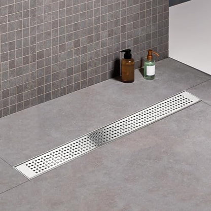 36 Inch Offset Linear Shower Drain, Brushed 304 Stainless Steel | Offset Side Outlet,Easy to install,Tile-In Grate,Hair Catcher,Leveling Feet,Complete Install Kit, Removable Grate Cover - color: Brushed Grid, size: 36 inch
