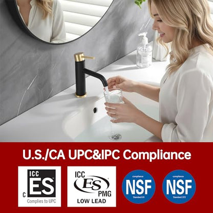 SUMERAIN Modern Single Handle Bathroom Sink Faucet, Black and Gold | Single Hole, Lead-Free, Stainless Steel, with Faucet Supply Lines, Easy DIY Install - color: Black and Gold, size: Undermount Sink faucet