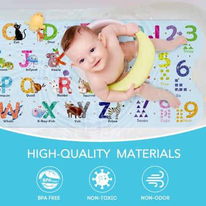 SHUCHING Baby Bath Mat for Tub Non Slip-40x16 Inch, ABC | Bathtub Mat for Kids & Toddler Mold Free, Long Shower Mat for Inside Shower with Suction Cup, Machine Washable - color: Alphabet