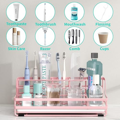 HapiRm Toothbrush Holders for Bathroom - 5 Partitions Bathroom Counter Organizer with Instant Drying Stone, Stainless Steel Countertop Storage Electric Toothbrush Toothpaste Holder - Pink - color: Pink