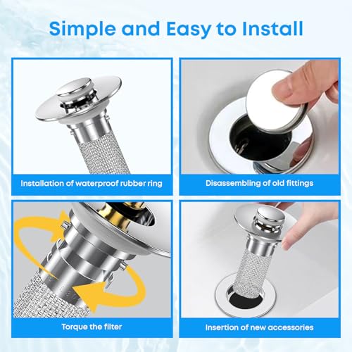 Bathroom Sink Stopper with Hair Catcher Universal Pop-Up Drain Strainer for 1.25–1.5 inch US Standard Bathroom Sink Drain Strainer Hole Replacement
