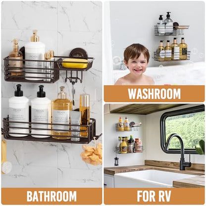 Shower Caddy Suction Cup, 2 Pack Shelves for Inside with Hooks | Brown Shower Storage, Rustproof Meatl Bathroom Basket, Soap Holder, NO-Drilling Shower Holder - color: 2 X Brown