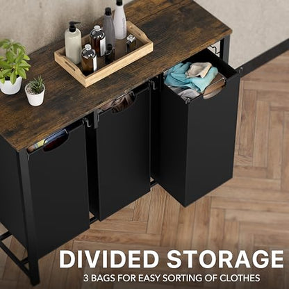 Simple Houseware 3-Section Laundry Sorter w/Tabletop Shelf, Rustic Brown | 3 Pull-Out,10-Gallon Hampers, Metal Frame Laundry Organizer for Bedroom, Bathroom,