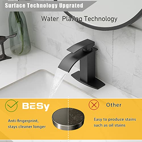 Bathroom Faucet 1 Hole Single Waterfall Vanity Sink Faucet Matte Black | One Hole Bathroom Sink Faucet, Square Single Handle, 6 Inch Deck Plate For 3 Hole, Supply Line, Pop-up Drain,Fits RV Restroom - color: Matte Black, style: Short - With Pop Up Drain