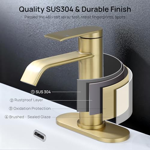 Bathroom Faucet 1 Hole with Metal Pop-up Drain - Brushed Gold | Single Handle Bathroom Sink Faucet with Supply Lines and Deck, Modern Waterfall Bathroom Faucets, G-7001BG - color: Gold