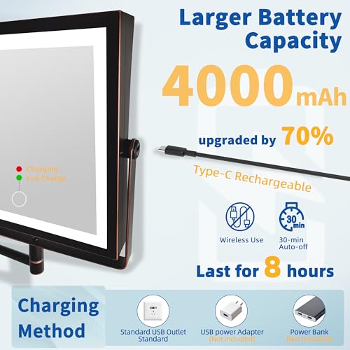 Ruacq Wall Mounted Makeup Mirror with Lights 1X/10X Oil Rubbed Bronze | 8",4000mAh Rechargeable,Magnification,3 Color,Touch Screen Dimmable,360° Rotation Extension Foldable Arm, Square, Women Gift - color: Oil Rubbed Bronze