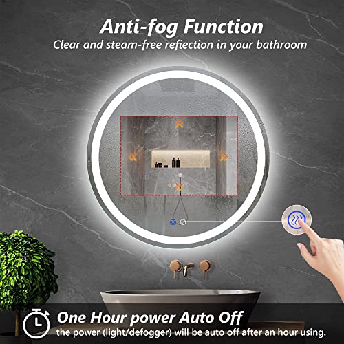 TATU 24 Inch LED Round Lighted Mirror, Bathroom Backlit Vanity Mirror Wall Mounted with 3000K/4000K/6000K Adjustable, Anti-Fog, Smart Touch Button, Stepless Dimmable Lighted Makeup Mirror - size: 24"L x 24"W