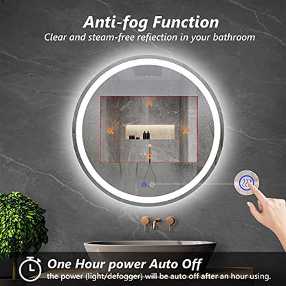 TATU 24 Inch LED Round Lighted Mirror, Bathroom Backlit Vanity Mirror Wall Mounted with 3000K/4000K/6000K Adjustable, Anti-Fog, Smart Touch Button, Stepless Dimmable Lighted Makeup Mirror - size: 24"L x 24"W
