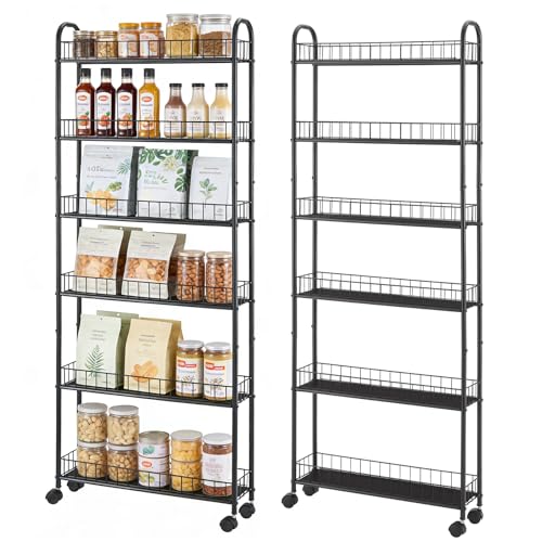 Slim Storage Cart with Wheels, Metal 6-Tier 6in Black Narrow Rolling Shelf, Sturdy Slim Storage with Hooks Ideal for Kitchen, Bathroom, and Laundry Room - size: 6in 6-Tier Cart