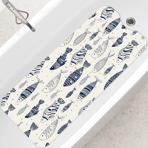 SHUCHING Bath Mat for Tub Non Slip-40x16 Inch, Blue and White Fish | Bathtub Mat Mold Free, Long Shower Mat for Inside Shower with Suction Cup, Machine Washable - color: Blue Fish