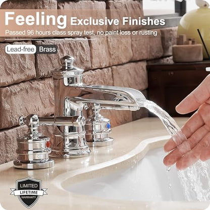 Chrome Widespread Waterfall Bathroom Faucet, Brass 3 Hole Bathroom Sink Faucet 4-16 Inch, 2 Handles with Supply Hose & Overflow Pop-Up Drain for Modern - color: Chrome - Fashion