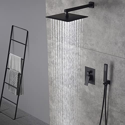Cascada 12” Square Shower System (Wall Mounted) with Single Handle & square knob, 2 Functions (Rainfall & Handheld) (Matt Black) - color: Matt Black