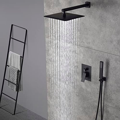 Cascada 12” Square Shower System (Wall Mounted) with Single Handle & square knob, 2 Functions (Rainfall & Handheld) (Matt Black) - color: Matt Black