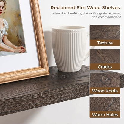 Floating Shelves for Wall, 72in Reclaimed Elm Wood Shelves, Walnut | 8" Deep Wall Shelf, Invisible Bracket, Large Long Wall Mounted Shelves, Living Room, Bedroom, Kitchen, Bathroom - color: Walnut Flat Edge, size: 72 inches - 1P