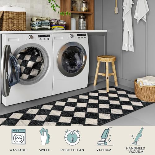 Checkered Kitchen Runner Rug 2x6 Black, Non Slip Washable Hallway Bathroom - color: Black, size: 2' x 6' (Runner)