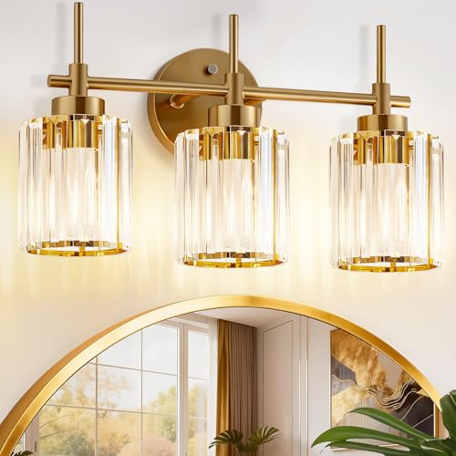 EJIAXIN Bathroom Lighting Fixtures, 3 Light Gold Bathroom Light Fixtures with Clear Shades Modern Crystal Vanity Light Bath Room Vanity Lighting Over Mirror Wall Light - color: Gold 3 Light, size: 3 Light