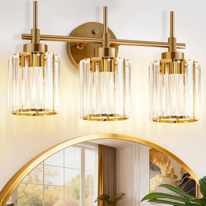 EJIAXIN Bathroom Lighting Fixtures, 3 Light Gold Bathroom Light Fixtures with Clear Shades Modern Crystal Vanity Light Bath Room Vanity Lighting Over Mirror Wall Light - color: Gold 3 Light, size: 3 Light