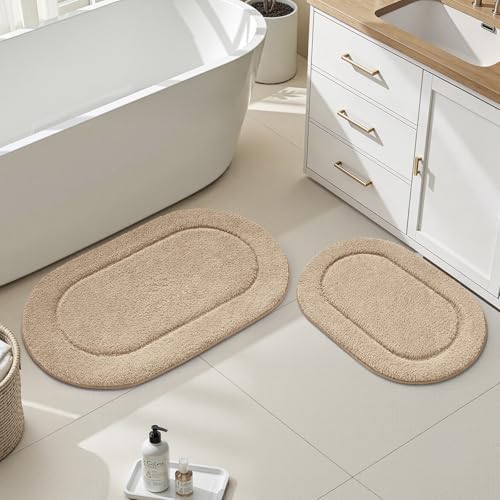 HOMEIDEAS Bathroom Rugs Sets 2 Piece, Soft Bathroom Mats and Absorbent Microfiber Machine Washable Bath Mats for Shower Room, Bathtub, Kitchen (20" x 32" + 16" x 24", Beige) - color: Beige