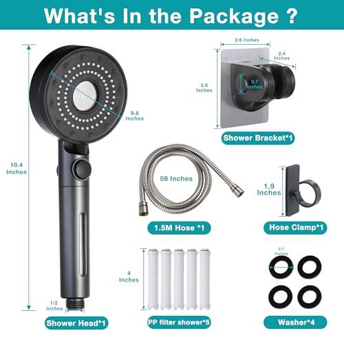 Handheld Filter RV Shower Head with Stainless Steel Shower Hose | ON OFF Switch,5 Mode High Pressure Spray,for RV,Camper,Bathroom,with No Drilling Wall Mount Adhesive Shower Holder