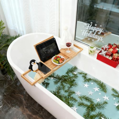 Utoplike Bamboo Bathtub Caddy Tray for Tub, Expandable Bath Table | Adjustable Bathroom Organizer, with Book Tablet Stand, Wine Glass Cup, Towel Holder - color: 19.8-33.5 in