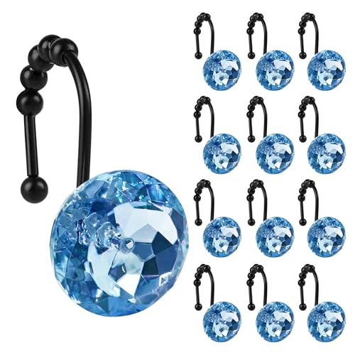 Sunlit Luxury Design Round Blue Diamond Crystal Gem Bling with Glide Balls Shower Curtain Hooks, Rust Proof Metal Rhinestones Glam Shower Curtain Rings with Black Hooks, Set of 12 - color: Blue With Black Hooks
