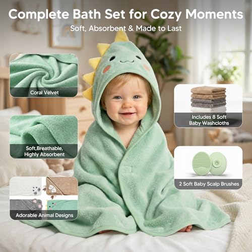 14 PCS Baby Bath Towels Set, Hooded Baby Towels, Baby Bath Essentials | 4 PCS Baby Towels, 8 PCS Washcloths & 2PCS Bath Brush Set for Infants & Toddlers, Ultra Absorbent & Soft for Boys & Girls
