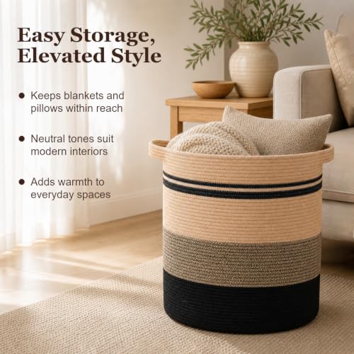 OIAHOMY 80L Laundry Baskets-Laundry Hamper,Storage Basket with Handles,Decorative Basket for Living room,Woven Storage Basket for Toys Bin,Pillows, Blankets,Clothes-20x18in-Yellow Black | Tall Dirty Clothes Hamper with Handle,Blanket Basket,Decorative Bas