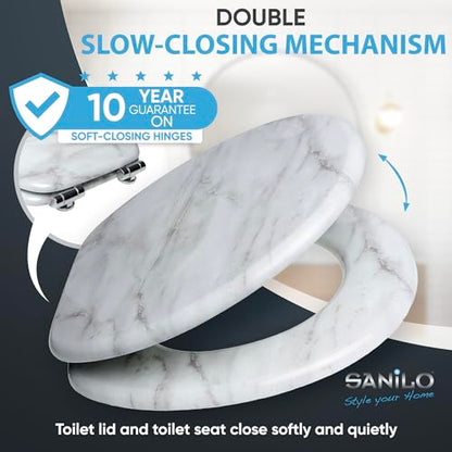 SANILO Wooden Toilet Seat with Soft Close [ROUND] - Decorative, Quiet & Slow Close Molded Wood Seat - With Strong Bumpers & Hinges - Adjustable Fit – Marble - color: Marble
