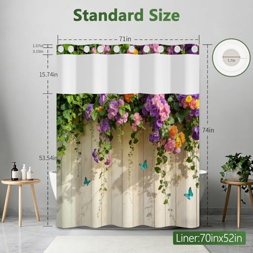 No Hook Floral Shower Curtain with Snap in Liner, Machine Washable Cloth Shower Curtain with See Through Window and Weighted Bottom, Waterproof Fabric Summer Shower Curtains for Bathroom, 71"W x 74"L - color: Flower Vine