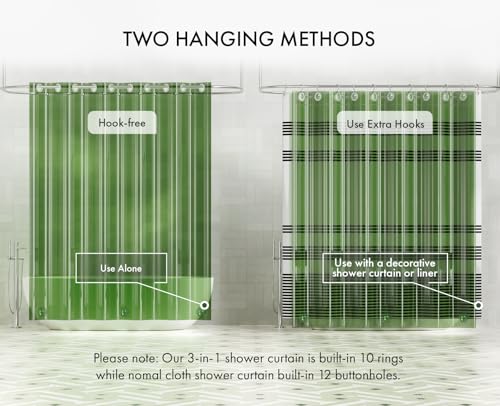 AmazerBath No Hook Shower Curtain Liner, 100% EVA Heavy Duty Hookless Shower Curtain and Liner 3-in-1, 72x75 Luxury Soft Shower Liner with 3 Heavyweight Stones, Clear Green - color: Rainbow Emerald