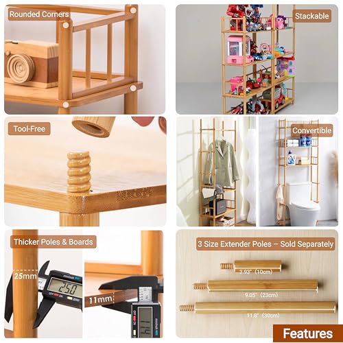 5-Tier Expandable Freestanding Open Bamboo Book Shelf - No-Tool Assembly & Modular,Bathroom Storage Shelf Unit Plant Stand for Small Space, Bedroom, Living Room, Home Office (Natural, 5-Tier WithRail) - color: Natural 5-tier-2