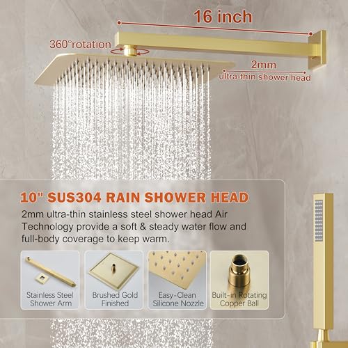 10" Rain Gold Shower System with Handheld & Valve, Brushed Gold | Wall-Mounted High-Pressure Shower Faucet Combo Set, 10-Inch Rain Shower Head with Handheld Spray,Includes Valve and Trim Kit - color: Brushed Gold 10