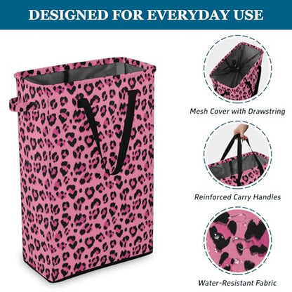 Rose Leopard Cheetah Laundry Hamper Dirty Clothes Laundry Basket Bin for Bedroom Bathroom with Handles Slim Tall Collapsible Waterproof Freestanding 48L - color: Rose Leopard cheetah
