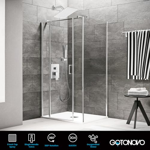 gotonovo Rainfall Bathroom Shower System Rain Shower Head and Handle Set Wall Mounted Shower Complete Combo Solid Brass Pressure Balancing Shower Mixer Valve 8 Inch Polished Chrome - color: Polished Chrome, size: 8 Inch