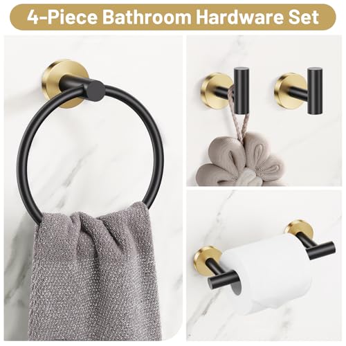 Black Gold Bathroom Hardware Set, 4-Piece Towel Holder Set Include Double Bases Toilet Paper Holder,Towel Ring and 2 Towel Hooks Stainless Steel Wall Mounted Bathroom Hardware Accessories Set - color: Black Gold, size: Set B
