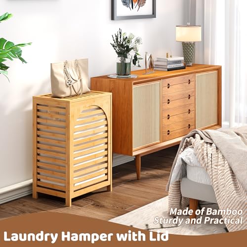 Laundry Hamper with Lid (16.9 * 13 * 26.5inches) Large Bamboo Laundry Bin Basket 85L Clothes Hamper with 1 Removable Bag Storage baskets for Bathroom(Natural) - color: Natural
