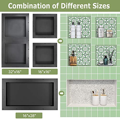 Suteck 16"x28" Shower Niche, Single Large Shelf Tile-Ready Storage Box | Large 24"x12" Inner Space | 100% Waterproof ABS | Over/Flush Mount, Vertical/Horizontal | Multi-Scene For Bathroom, Kitchen - size: 16x28"