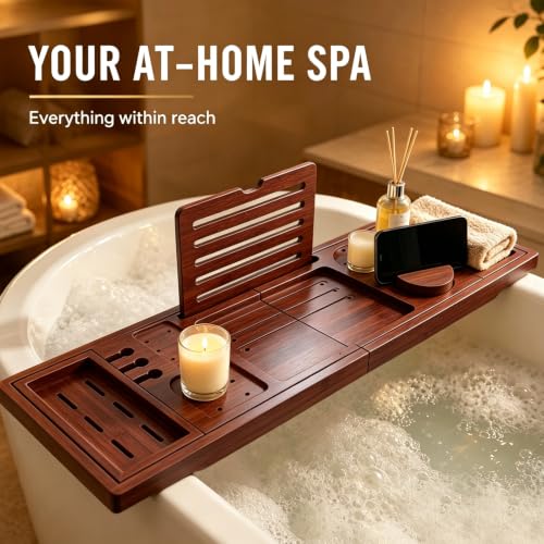 Bamboo Bathtub Tray, Expandable Foldable Bath Caddy, Walnut | 29-42" Bath Shelf Over Tub with Rotating Phone Holder, Tablet & Wine Holders, Locking Design for Spa, Bathroom & Gifts - color: B-walnut