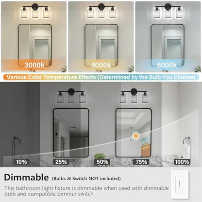 3 Light Bathroom Light Fixtures, Modern Crystal Vanity Lights over Mirror | Metal Frame, Bathroom Light with Square Crystal Shade, ETL Certified, E26 Ceramic Socket, Bulbs Not Included - color: Black, size: 3-Light
