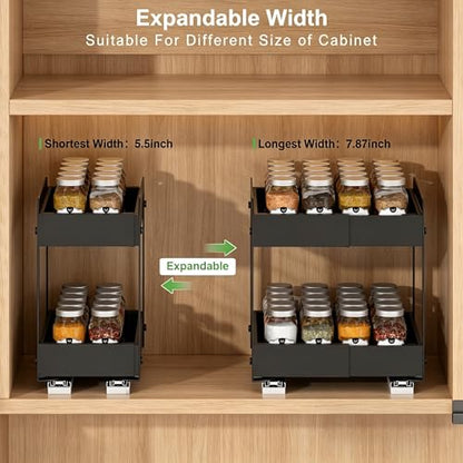 Across-Star Expandable Pull Out Spice Rack For Cabinet, 2-Tier No Drill Slide Out Drawers For Kitchen Cabinet with Adjustable Height, Metal Pullout Spice Holder Seasoning Shelf Inside Cabinet - size: 5.5''-7.9''W*10.24''D*10.82''H