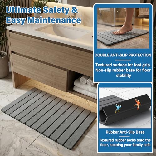ELAMORE Foldable Stone Bath Mat – Diatomaceous Earth Bath Mat, Super Absorbent Quick Dry Shower Mat, Non Slip Bathroom Floor Mat, 32 x 20 Inches Gray - size: 32" x 20" (Rectangular)